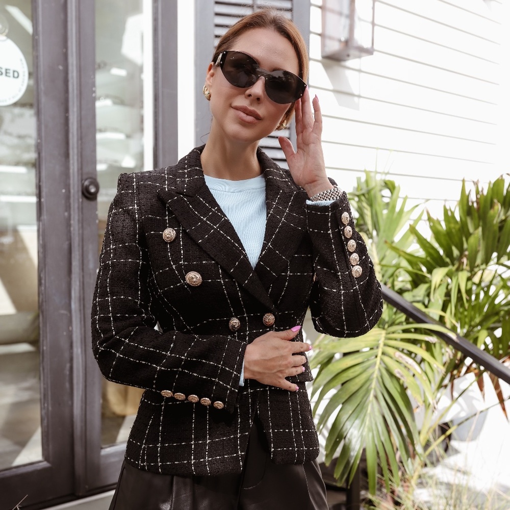 Double Breasted Checkered Tweed Blazer with Gold details